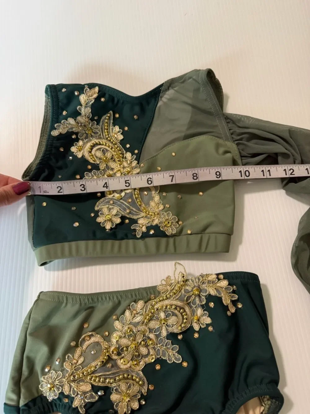 Reverence custom solo dance costume 2 piece green illusion YM MC-Medium child